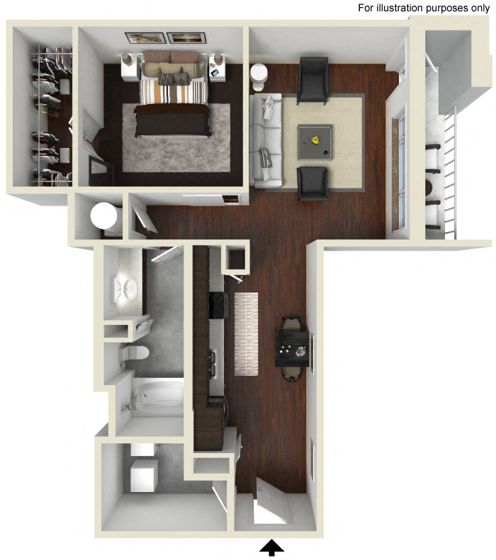 Floor plan for 1 bed, 1 bath, 809 sqft